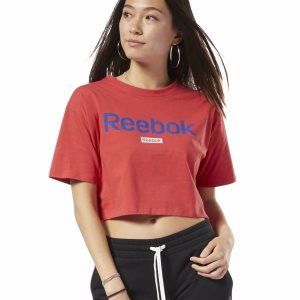 Koszulki Damskie Reebok Training Essentials Linear Logo Crop Czerwone PL 68OBJFL